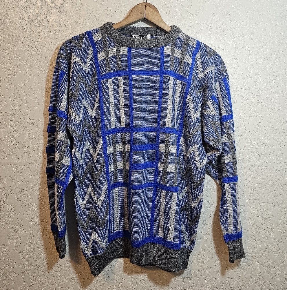 Vintage Ashley Knit Blue Plaid Grandpa Sweater
